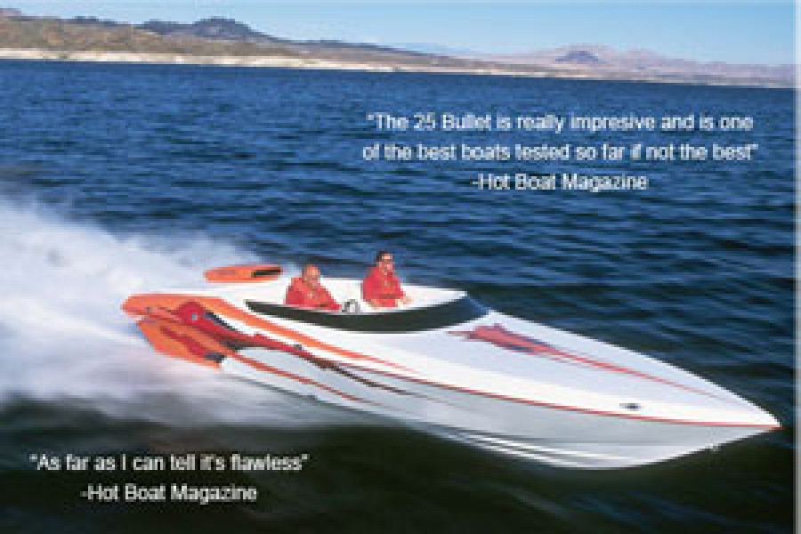 Howard 25 Bullet runs 111 MPH by Hot Boat Magazine eclipsing the old single engine V-bottom record set by our 28 open bow at 104 MPH.